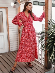 Spring Long Print Dress For Women Casual Slim High Waist V Neck Flare Sleeve Summer Ladies Floral Maxi Dresses