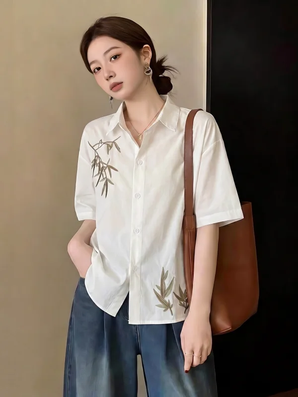 

Elegant Bamboo Embroidery Short Sleeve Shirt Women's Loose Fitting Cover Belly Top Summer New Style plus Size Korean Style