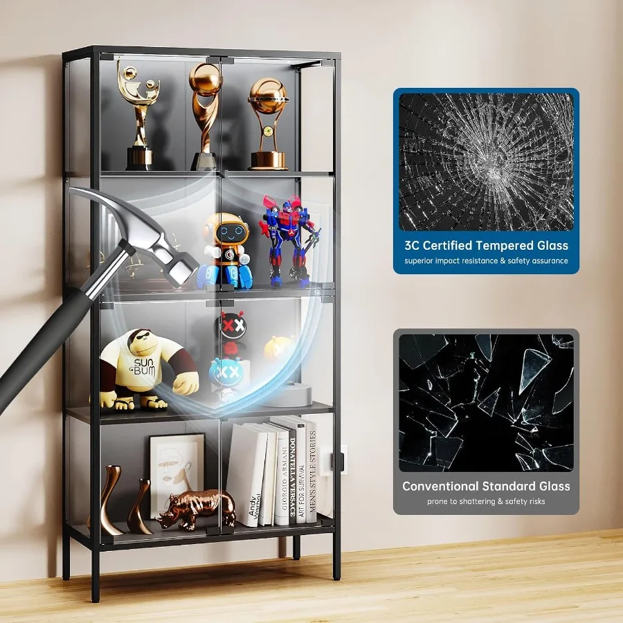 65" Glass Display Cabinet with 3-Color LED Light, Display Case with 4 Tempered Glass Doors and Shelves, Metal Frame Curio Stora view 5