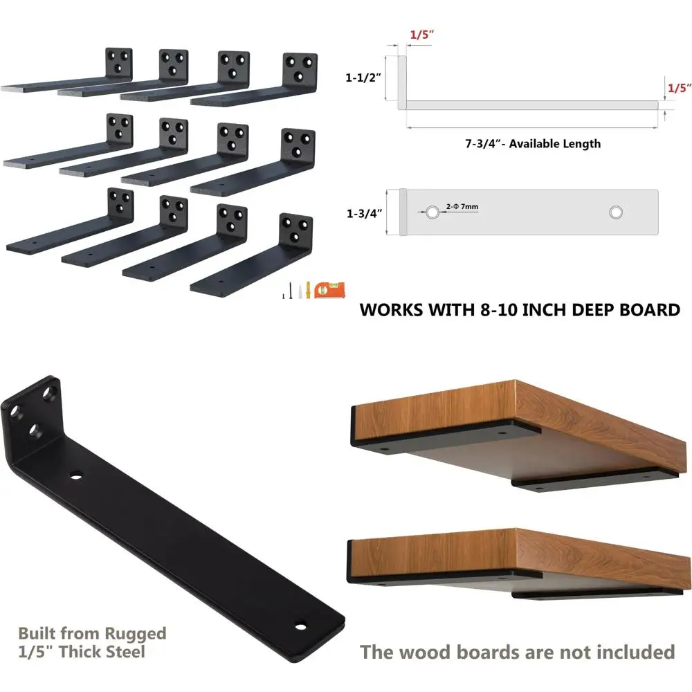 

Heavy Duty Black Powder Coated Steel Floating Shelf Brackets, 12-Pack, Hidden Wall Mounts for Mantel and Bookshelves, Durable Su