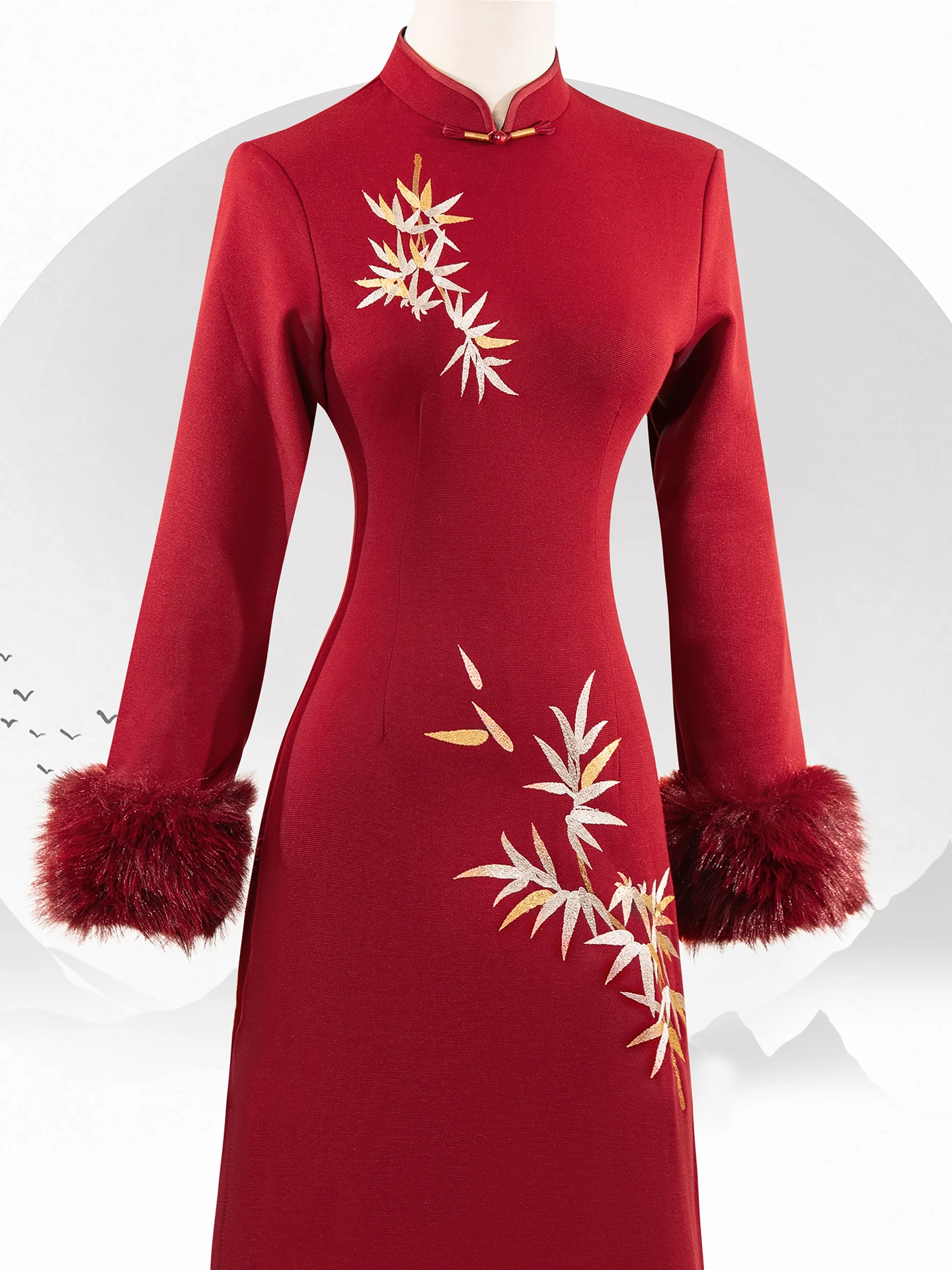

Red Wine Color Wedding Dr Thiened Embroidered Golden Bamboo Floing Winter New Arrival Women's Traditional Ch...
