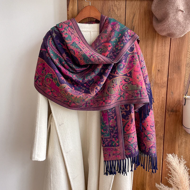 Ethnic Style Outdoor Travel Women Paisley Jacquard Scarf Thick Cashmere Tassel Shawl Winter Warm Neck Wrap Pashmina Floral