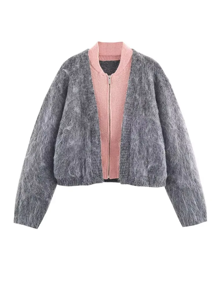 

HH Autumn Fashion Women O-Neck Long Sleeves Double Knit Effect Decoration Zipper Outerwears Female Elastic Street Style Coat