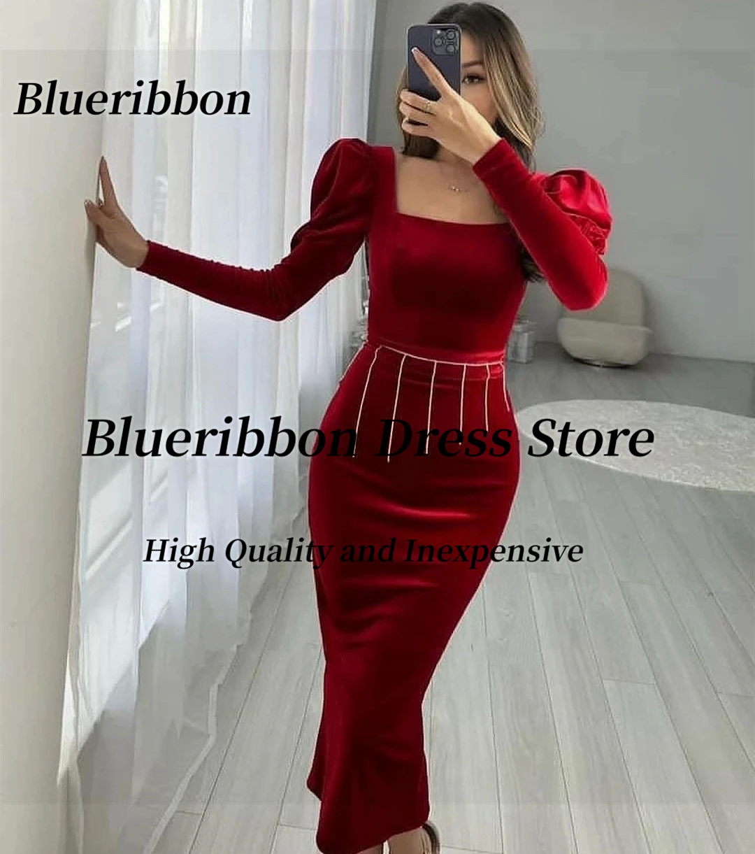 

Blueribbon Burgundy Mermaid Tea Length Prom Dresses Long Sleeves Beading Sash Robes De Soirée Cocktail Party Short Evening Gowns