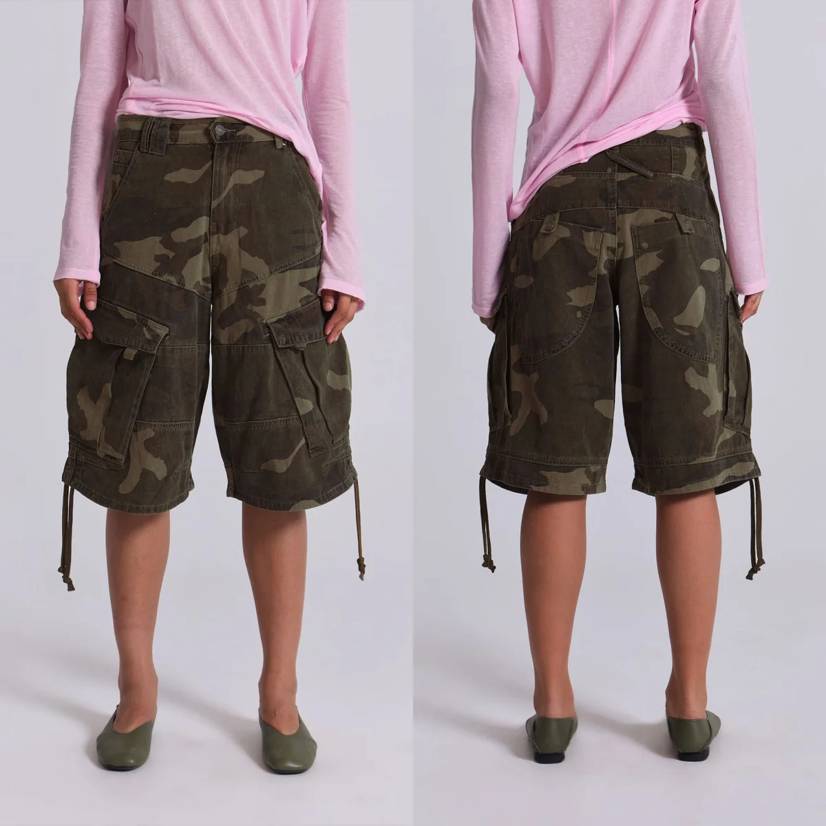 Jl American Retro Distressed Camouflage Work Shorts, High Street Wide-Leg Multi-Pocket Drawstring Knee-Length Shorts, Washed Distressed Pocket Loose-Fit Work Pants, Large Pocket Drawstring Wide-Leg Cropped Shorts