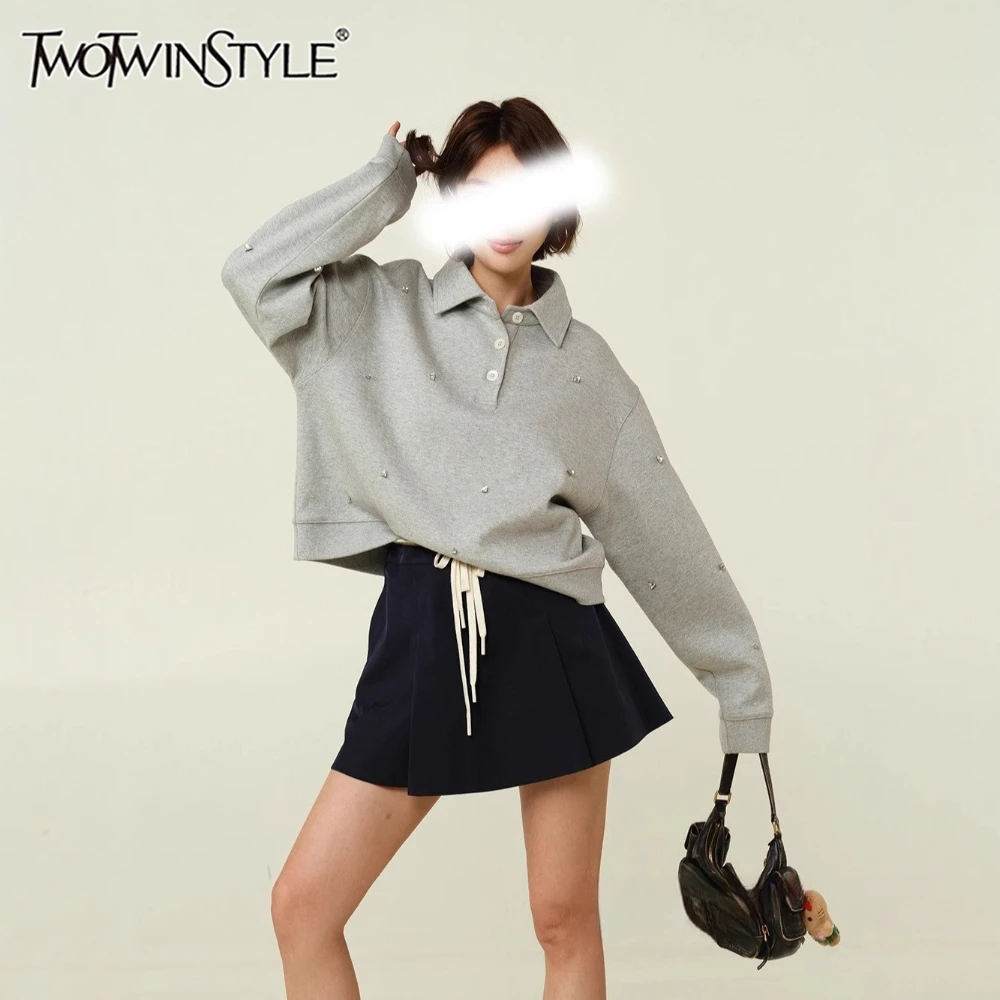 

TWOTWINSTYLE Solid Spliced Diamonds Chic Sweater Female Lapel Long Sleeve Loose Korean Casual Women's Sweaters Autumn Fashion