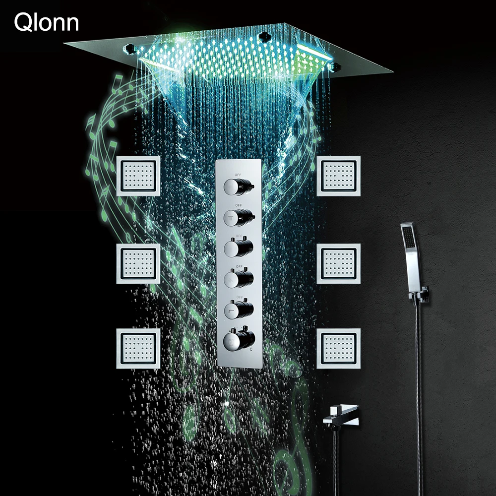 

Qlonn 5 Functions Bathroom Smart Thermostat Diverter Shower System Set 20 lich LED Music Embedded Ceiling Shower Head Side spray
