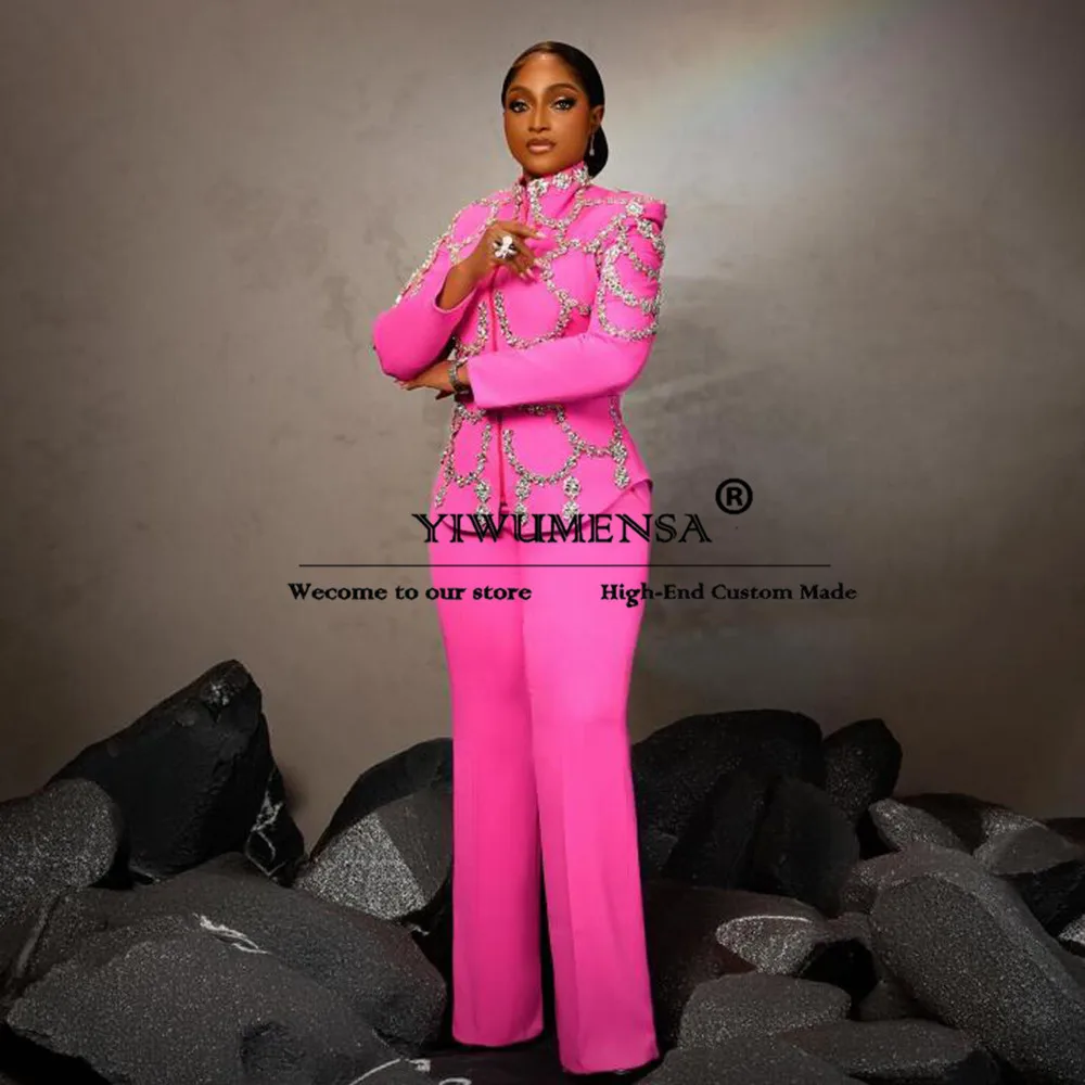 Unique Design Pink Women Suits Crystals Beaded Blazer Pants 2 Pieces Female Formal Party Mother Of Bride Dresses Laides Clothing