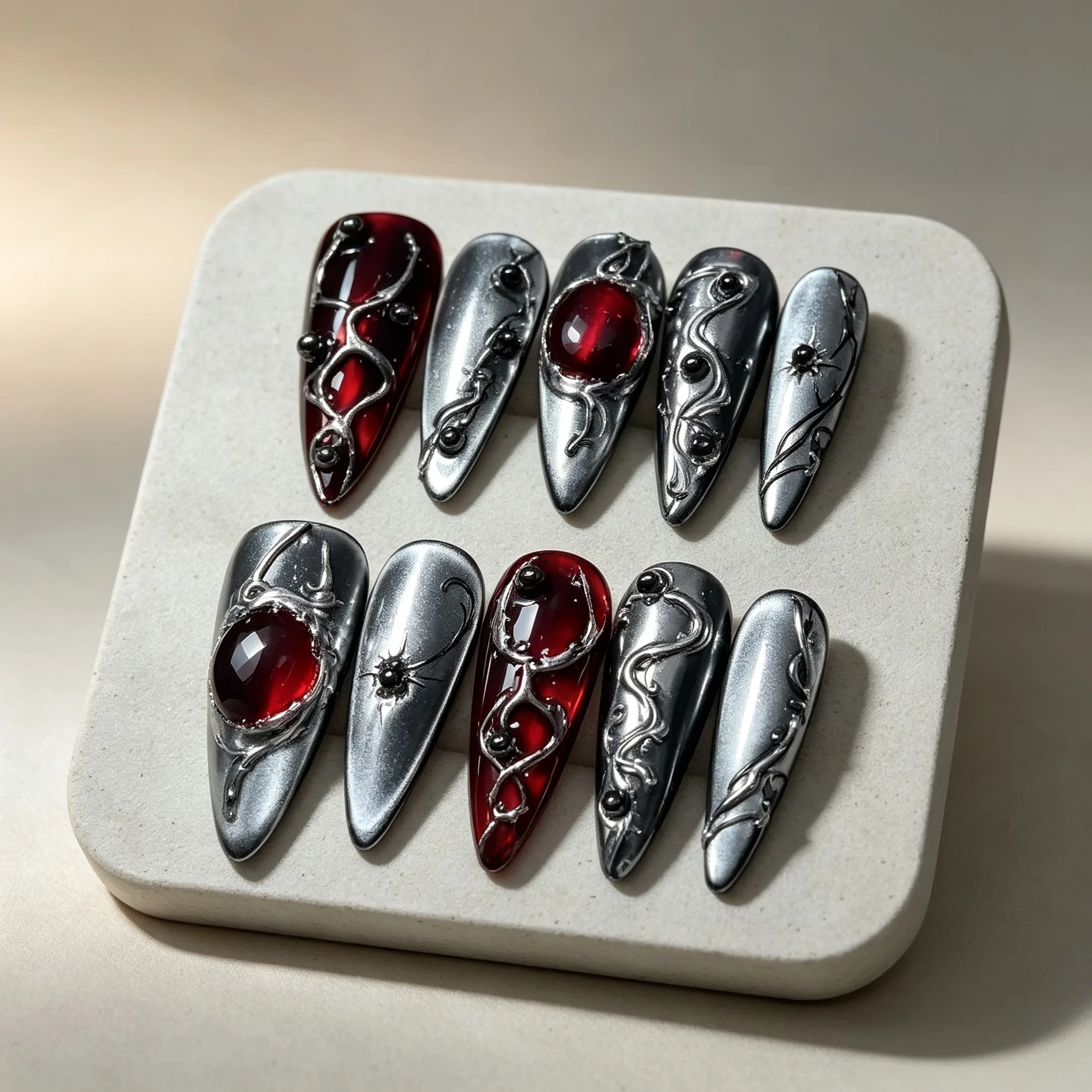 10pcs Y2K Gothic Blood Red Press On Nails 3D Metal Snake Vine False Nail Halloween Chrome Silver Metallic Fake Nail for Women