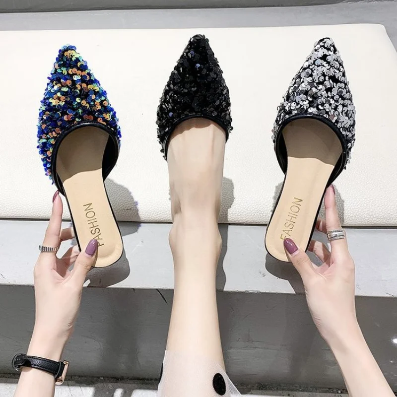 New 2023 Fashion Sequin Pointed Toe Slides 3 Cm Square Low Heels Half Slippers Summer Casual Beach Women Sandals Outdoor Mules