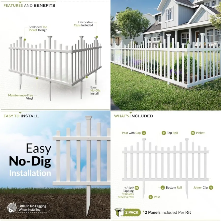 

2.5ft H x 4.7ft W 2 Panels No Dig Zippity Madison Fence Panel Kit, No Dig Fence Panels, White Vinyl Fences for Yard, Temporary