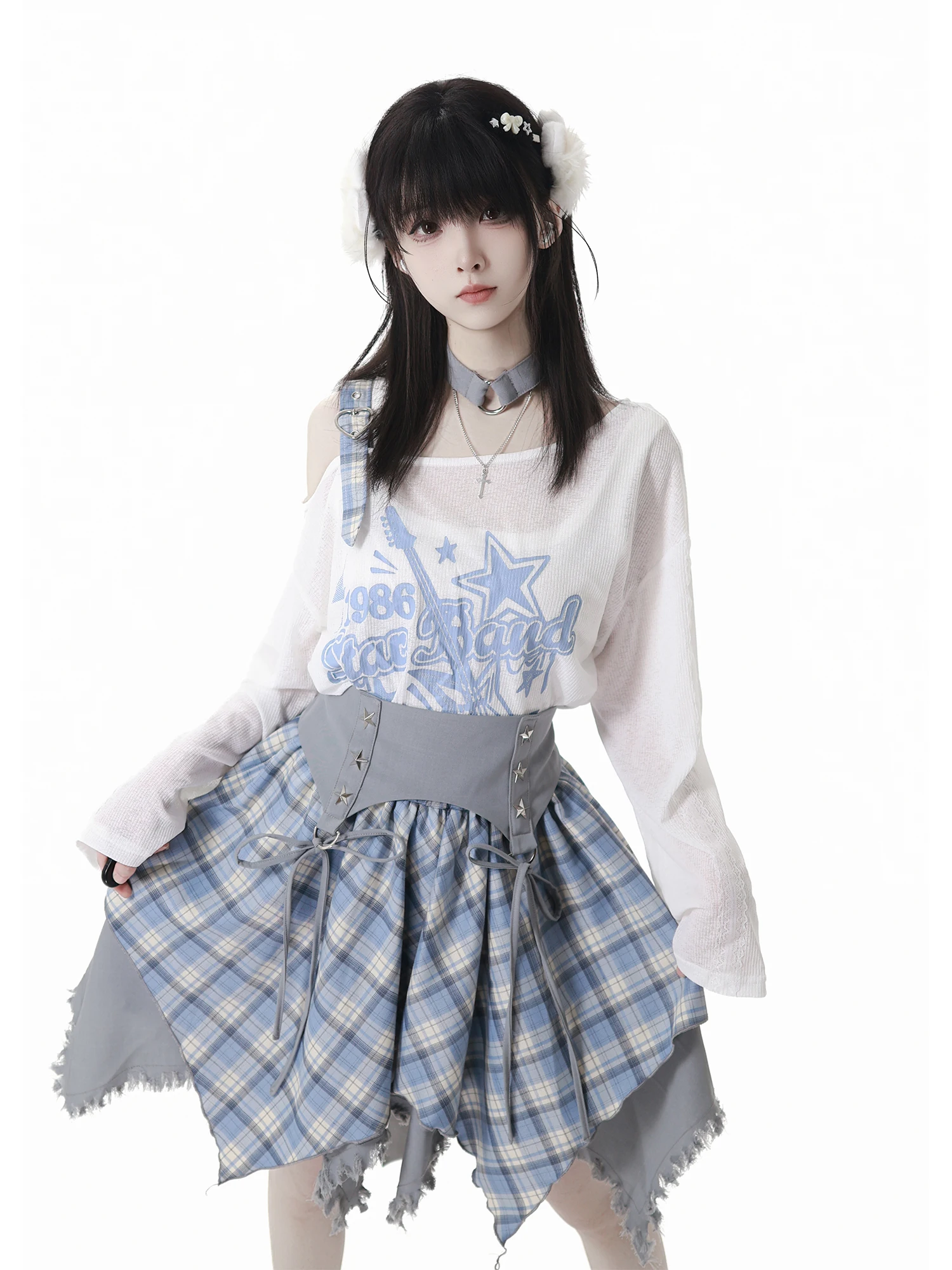 Japanese Girl's Sweet Cool Kawaii Plaid Skirt Set Summer New Student Y2k Printed Long-sleeved Top T-shirt Irregular Skirt Set