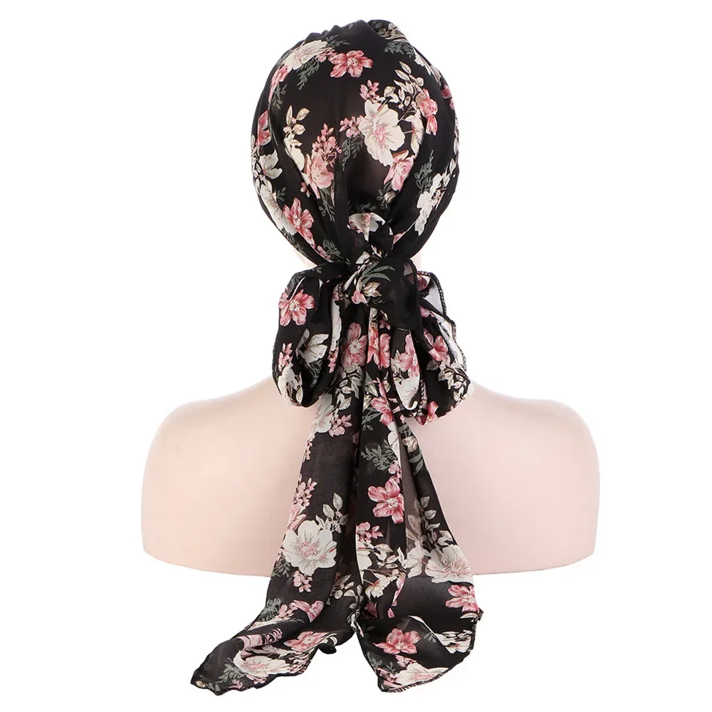 Le Donne musulmane Lungo Chiffon Foulard Scialle Islam Turbante Cap Indiano Stampa Floreale Hijab Beanie Perdita di Capelli Choker Boho Avvolge Moda