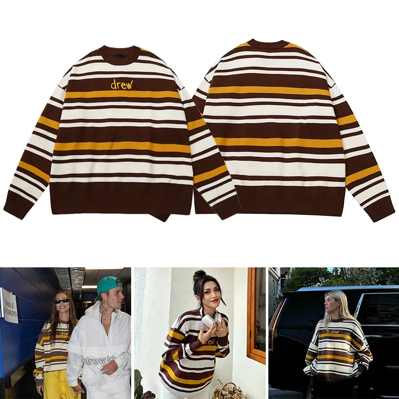

Drew House Premium Smiley Knit Striped Sweater with Embroidered Letters High-Street Oversized Crew Neck Long-Sleeve Sweater