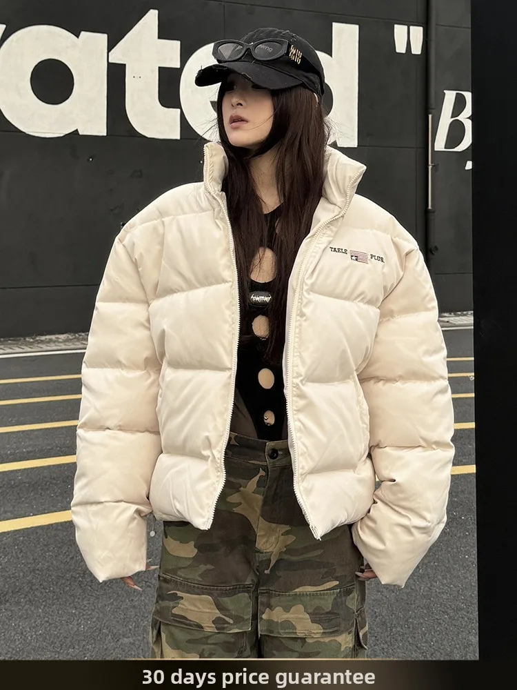 

Nted American Retro Letter Embroidery Stand Collar Bread Coat Men's Winter Loose Warm ort Cotton Jaet Outerwear