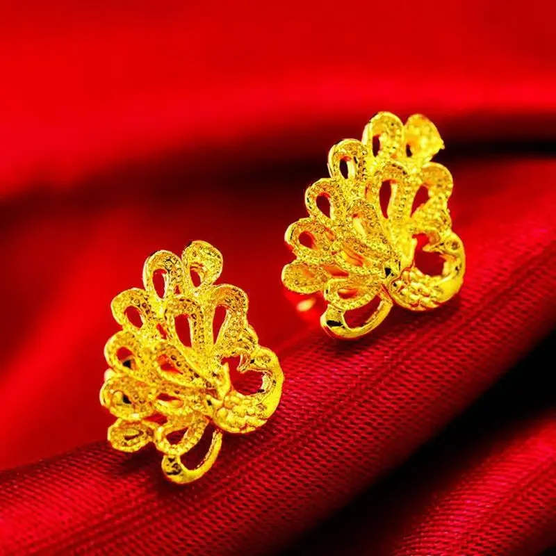 ANGLANG-Boucles d'oreilles fleur plaquées or véritable 18 carats pour femme, sans allergie, bâtons d'oreille, pétale tout assressenti, paon jamais, 999