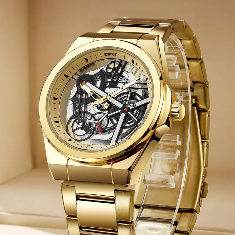 Men's Trendy Luminous Wristwatch with Hollow-Out Transparent Calendar European American Fashion Business Steel Strap Wristwatch