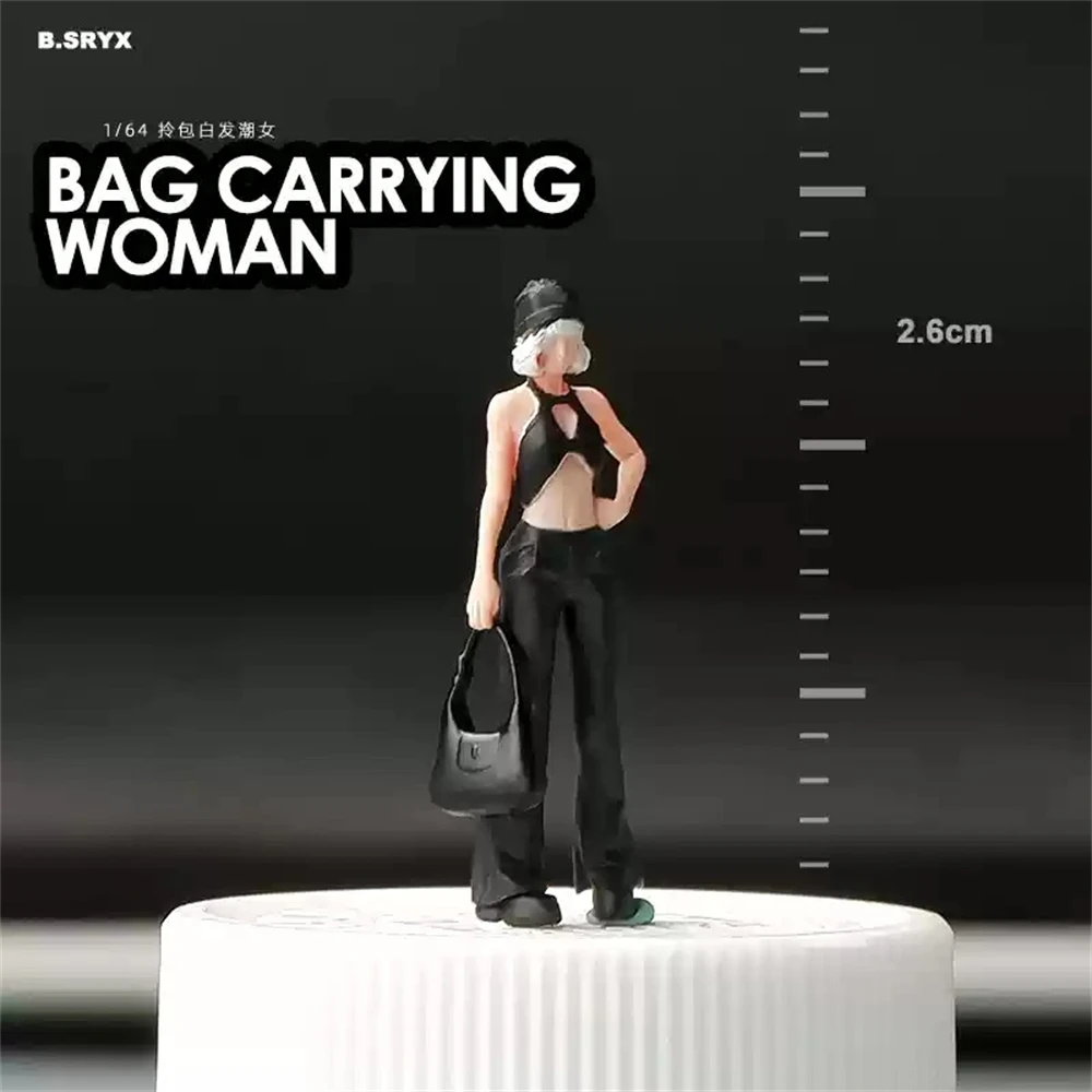 Kicarmod 1/64 Scale Model Figurine of a Detachable Handbag White-haired Fashion Girl in Scale Diecast Model with Mini Ornaments