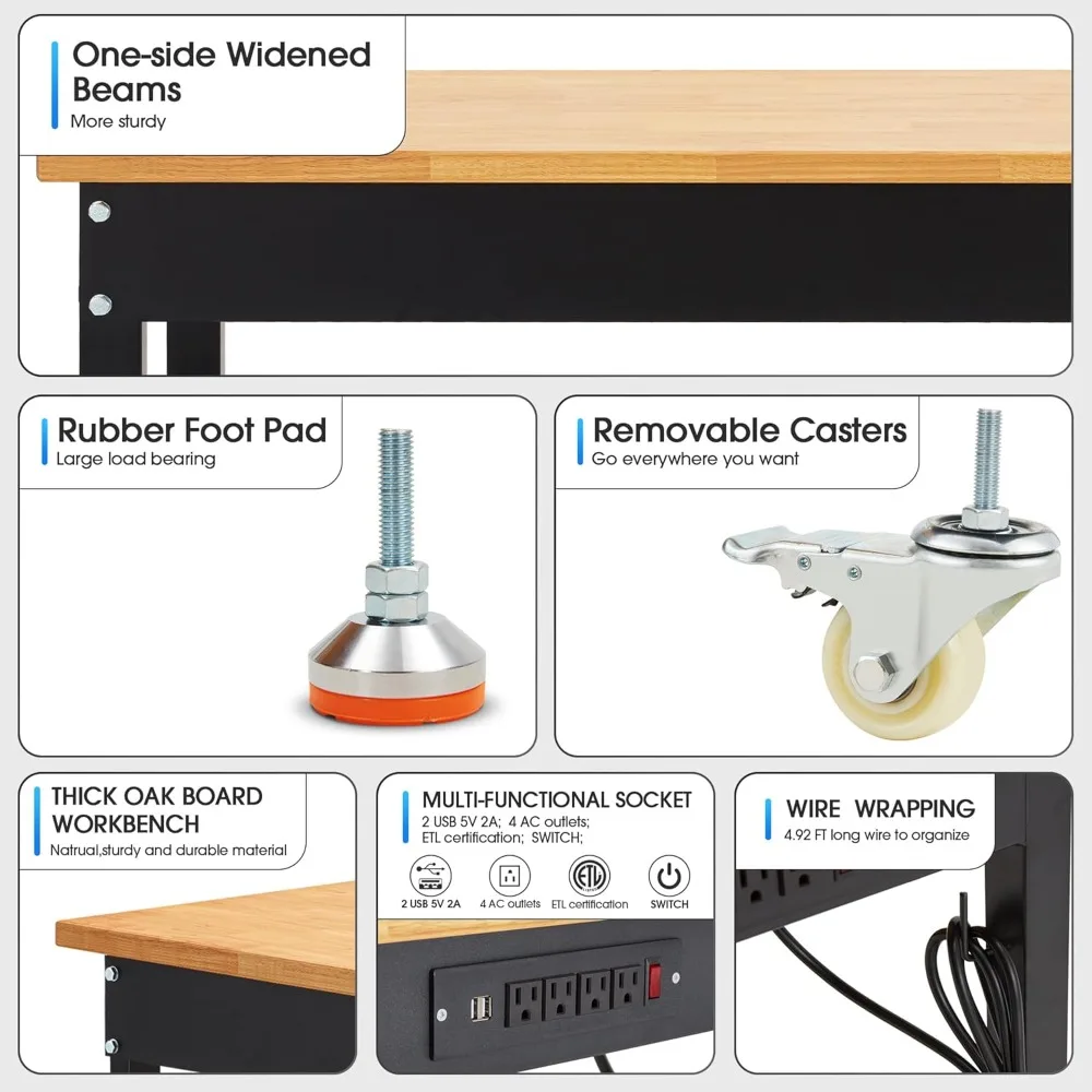 منضدة عمل قابلة للتعديل على عجلات، محطة عمل شديدة التحمل بقدرة 2000 رطل مع منافذ طاولة عمل من الخشب المطاطي للمرآب #5