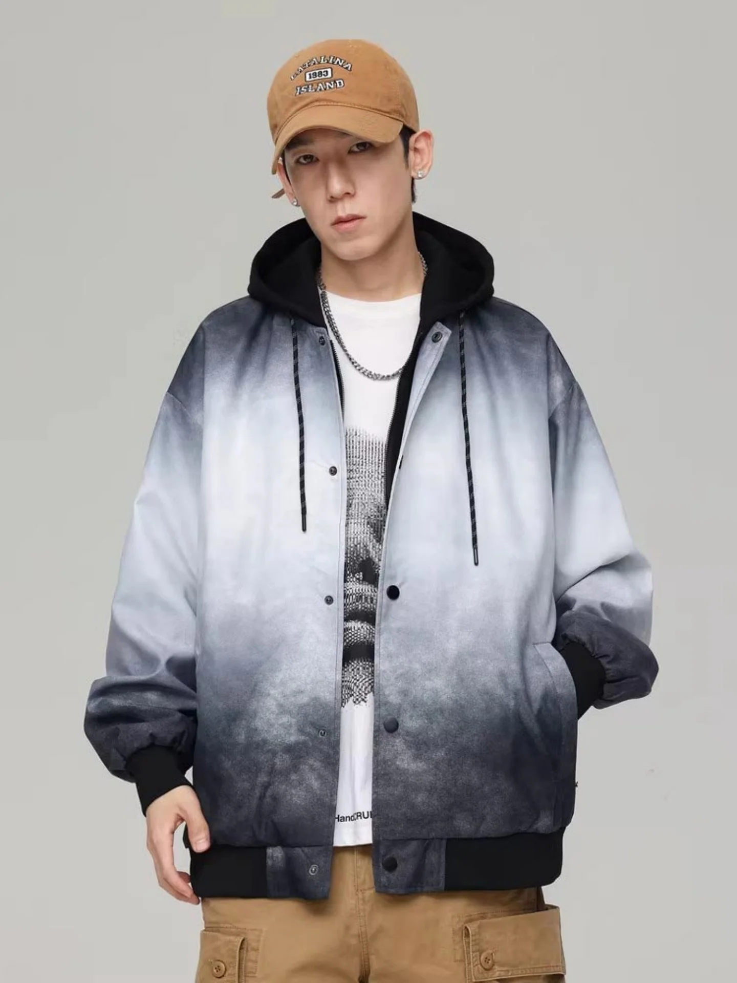 

Куртка с капюшоном градиентного цвета, мужская весенне-осенняя куртка в американском стиле, модная брендовая куртка свободного кроя с цветовыми блоками, повседневная верхняя одежда