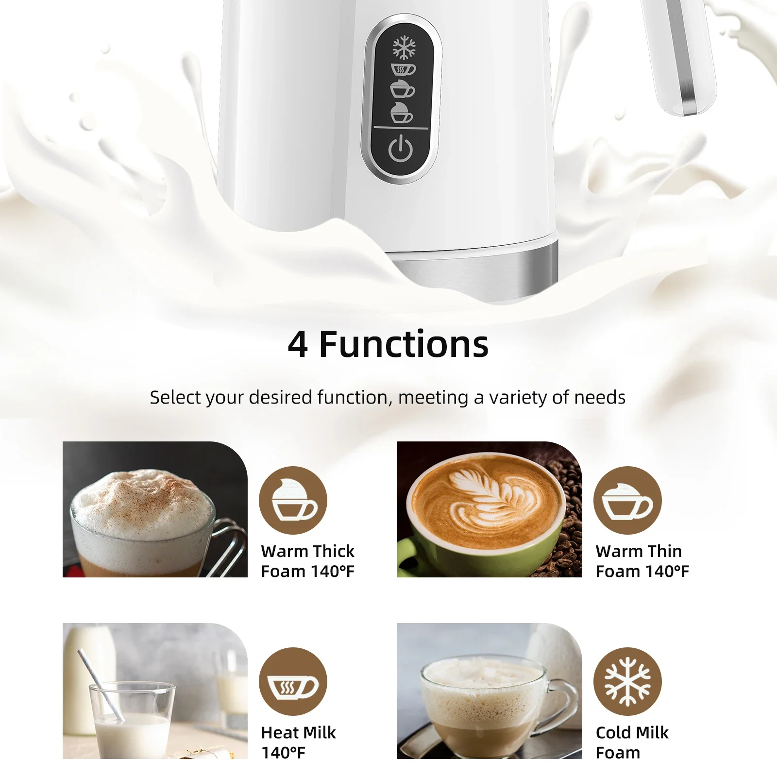 4-in-1 Milk Frother Warmer: Latte, Foam Maker, Hot Chocolates, Cappuccino