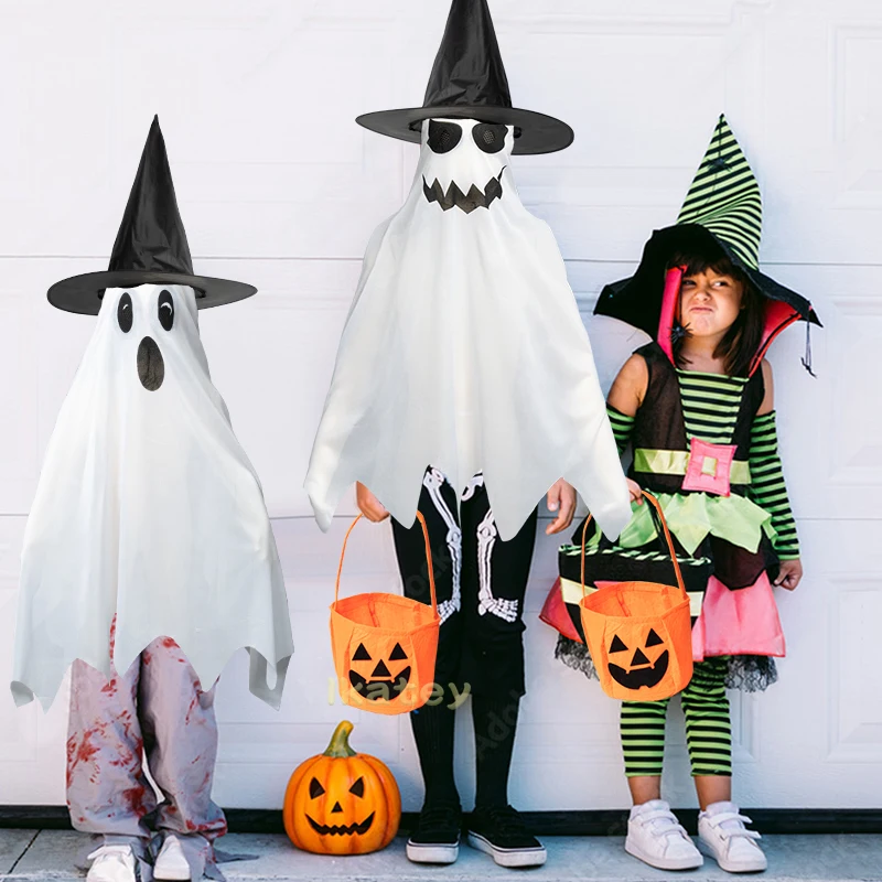 6PCS Scary Halloween Ghost Costume for Kids White Ghost Face Poncho Accessories Candy Pumpkin Buckets Witch Hats Party Supplies