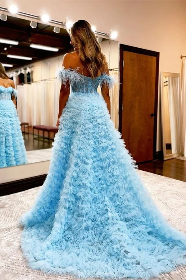 Vestido de noche azul claro con hombros descubiertos, Vestido largo de graduación con pluma para ocasiones formales