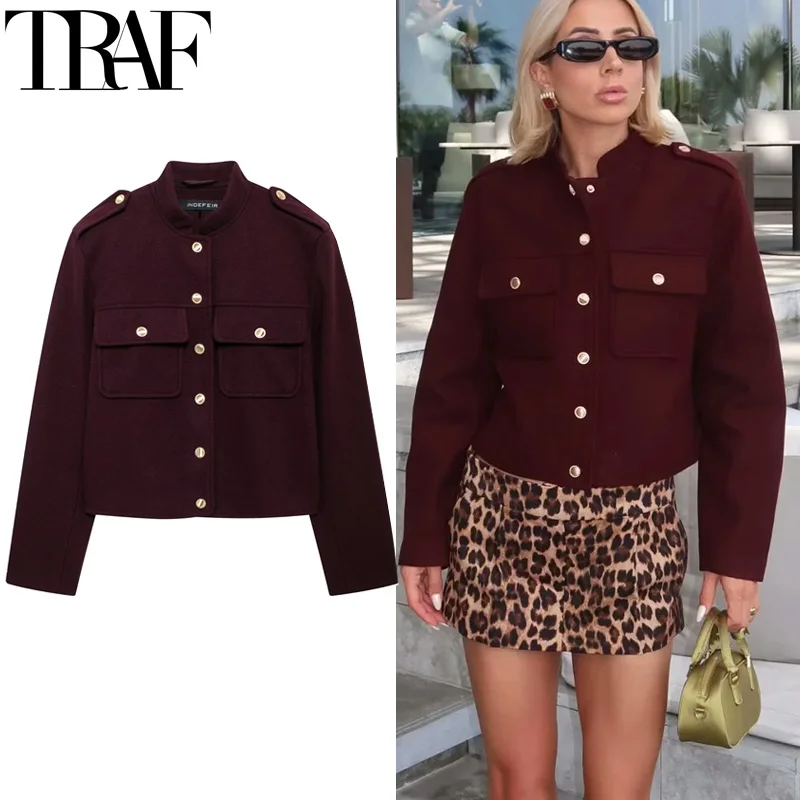 TRAF Womens Jacket Cropped Tweed Jacket Women Autumn Long Sleeve Burgundy Coats For Woman Winter Button Demi-Season Short Coats