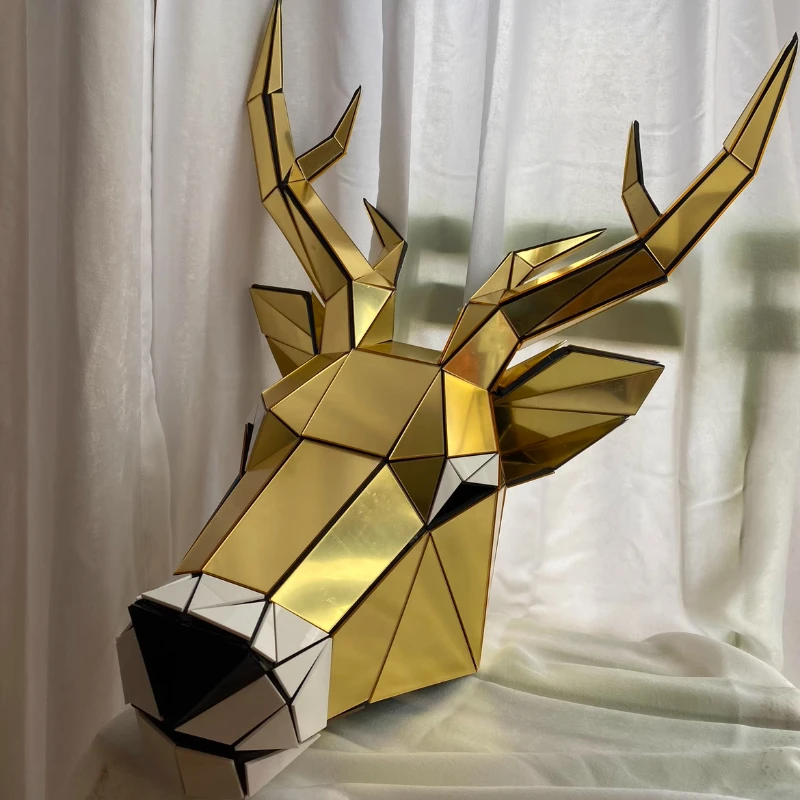 Gold Mirrors Animal Mirror Deer Head Cover Show Props Behavior Performance Wearable  Sliver Mask Headgear Party DJ Bar