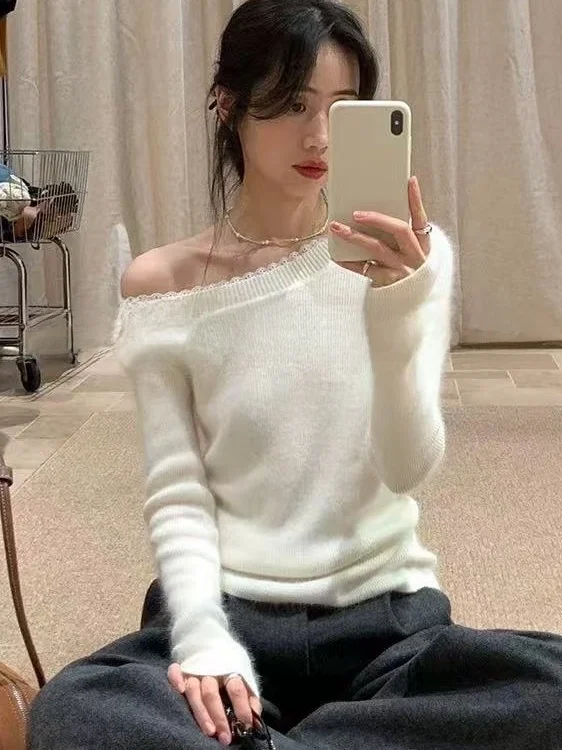 

SOEUR BKAC Lace Splice Long Sve Knitted Sweater Women's Slim Fit oulder Bared Side Collar Autumn Faion French Sle