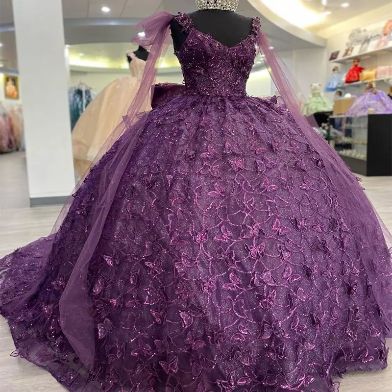 

Lorencia Shiny Purple Quinceanera Dress Ball Gown Bow With Cape Shiny Lace Appliques Beads Sweet 16 Vestidos De XV Anos YQD370