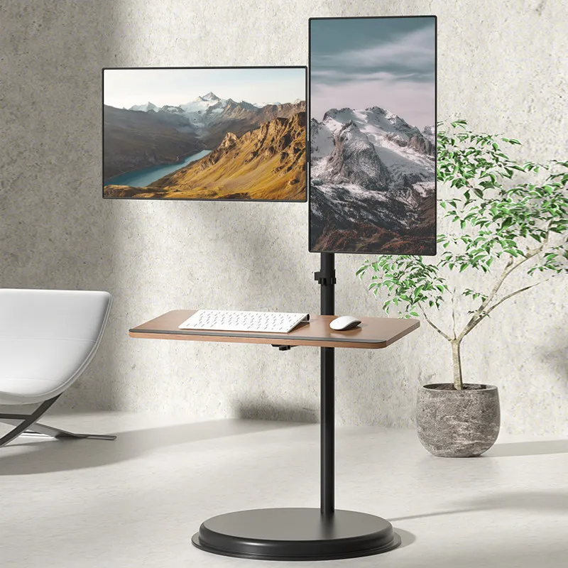 

floor-to-ceiling monitor bracket stretching and rotating with keyboard support integrated office stock trading monitoring