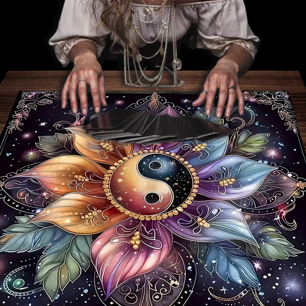50/75/110/137cm Tarot mat Yin Yang Mandala Tarot Card Table Cloth Wicca Altar Cloths Vibrant Starry Sky Floral Divination Tarot
