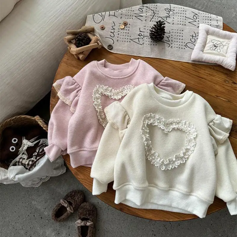 

2025 Winter New Children Fleece Sweatshirt Plus Velvet Thick Girls Lace Heart Long Sleeve Tops Casual Pullover Kids Warm Clothes