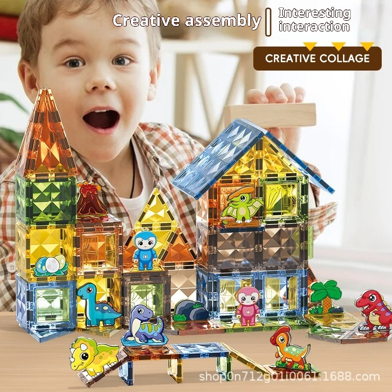 بلاط مغناطيسي مقطوع بالألماس مع خط أنابيب وتصاميم من الزجاج الملون، ألعاب بناء تعليمية جذعية للأطفال من سن 3 إلى 8 سنوات هدية