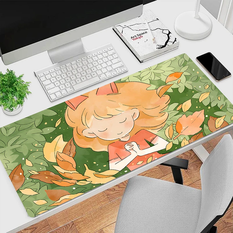 Anime Autumn Girl Cute Large Gaming Keyboard Mouse Pad XL Green Botany Computer Gamer Table pad Mousepad Rubber Play Mice Mats