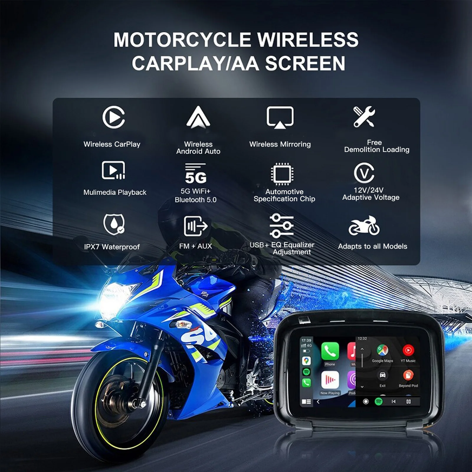 Carabc 5 Zoll tragbare GPS Navigation Motorrad wasserdicht Apple Carplay Display Motorrad drahtlose Android Auto IPX7 GPS Scre