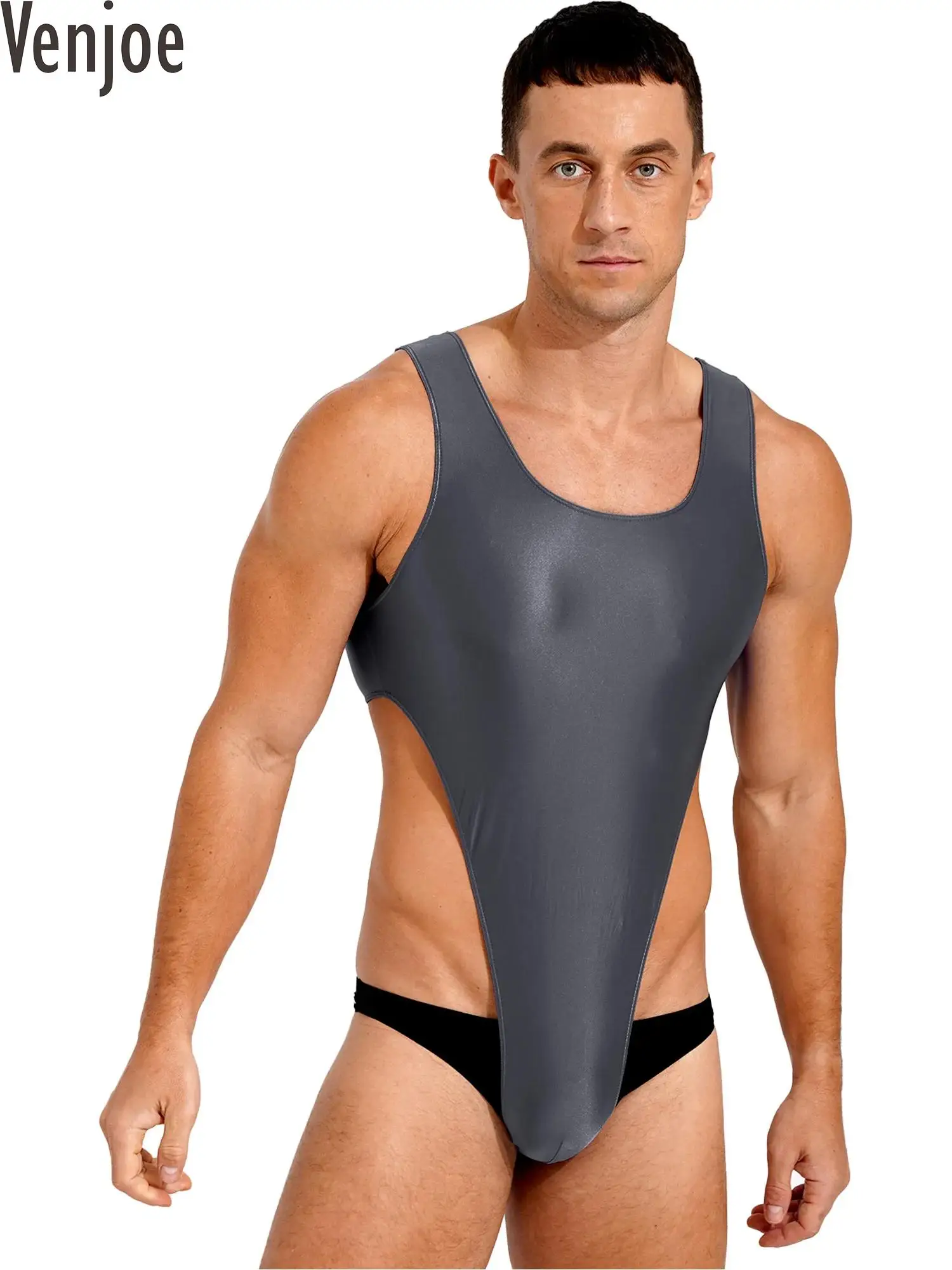 

Mens Oil Glossy Stretchy Mankini Swimwear U Neck Sleeveless Bodysuit One-Piece Swimsuit High Cut Leotard Exercise Swimming Suit