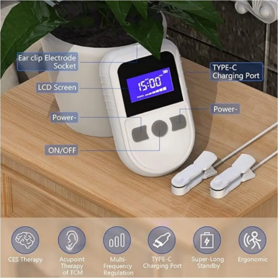 جهاز مساعد على النوم من CES لمشبك الأذن من نوع شاحن USB منخفض التردد تحفيز مكركرنت تخفيف الاكتئاب والصداع