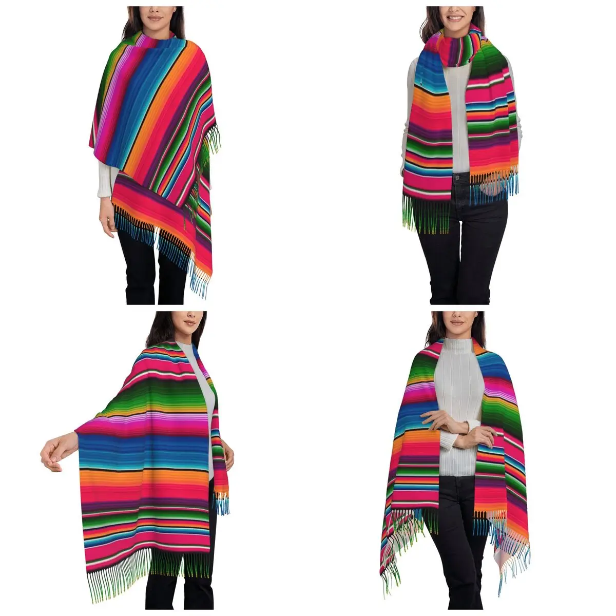 Mexican Blanket Striped Fiesta Serape Scarf Tassel Scarves Women Soft Warm Shawls and Wraps Long Fall Winter Shawl Wrap