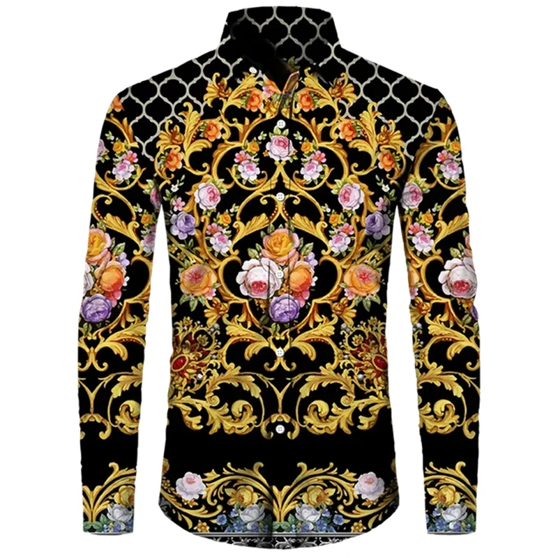 2025 Men's Gold Flower Long Sleeve Shirt Polyester Fiber Comfortable Light Luxury Fashion Top