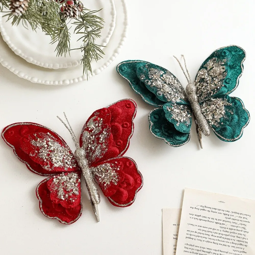 

Glitter Butterfly Christmas Flower Simulated Exquisite Artificial Butterfly Clip Sequins Flocking Butterfly Pendants Home Party