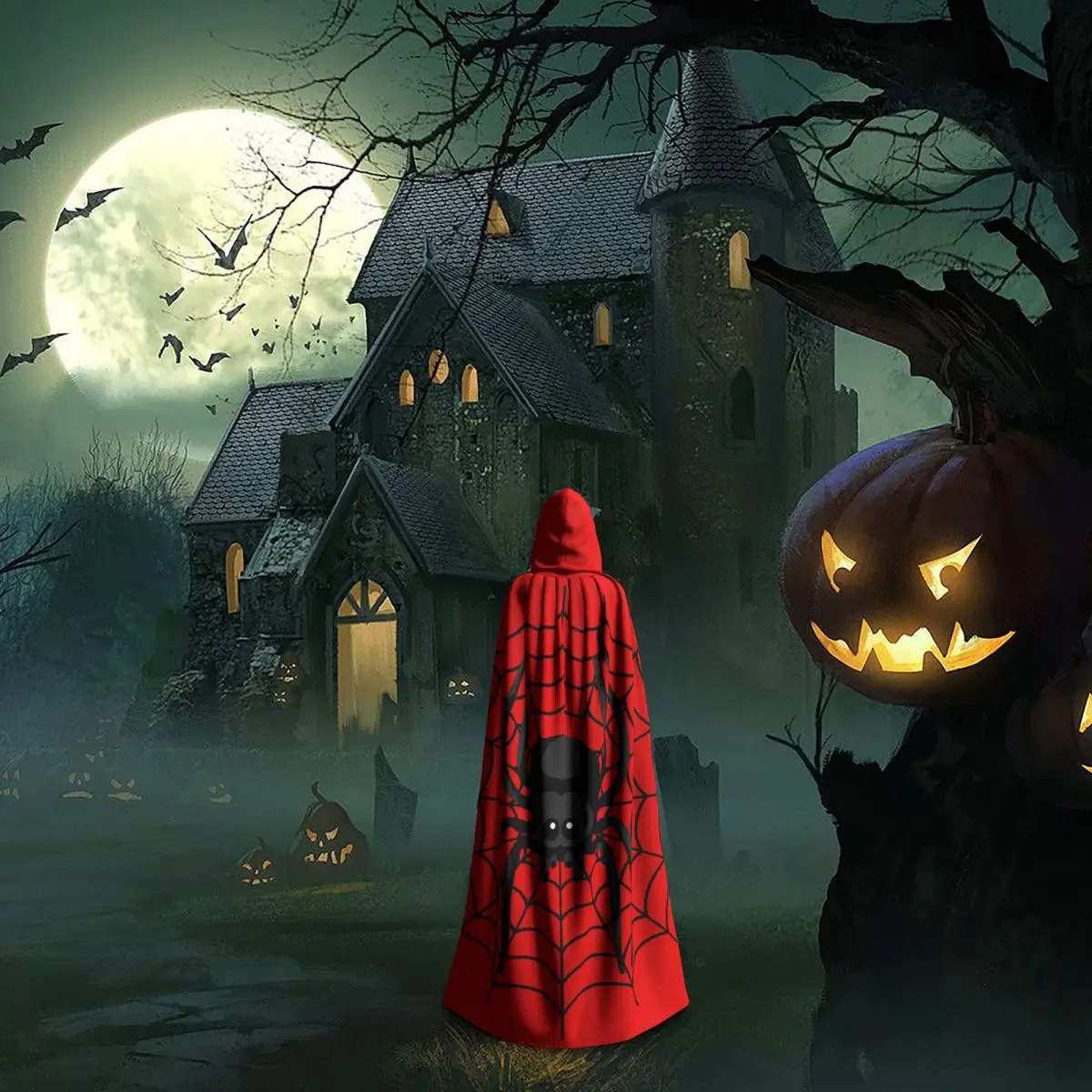 نسيج العنكبوت مع شبكة عنكبوت سوداء طويلة مقنعين عباءة ساحرة القرون الوسطى زي تأثيري كيب هالوين معطف الكبار للجنسين