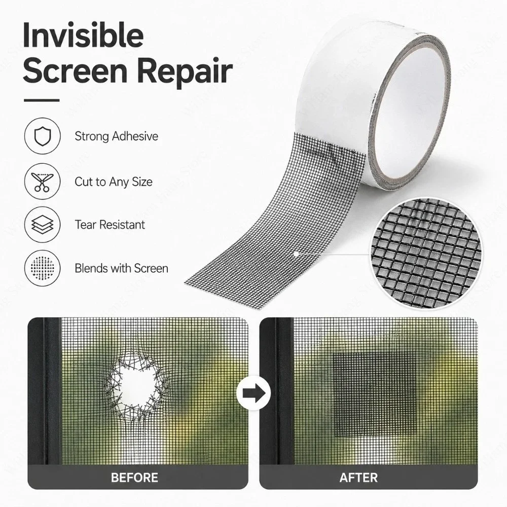 Window Screen and Mosquito Net Repair Tool Self Adhesive Waterproof Mesh Patch 5cmx2m Tape for Fixing Cracks on Home Screen Mesh