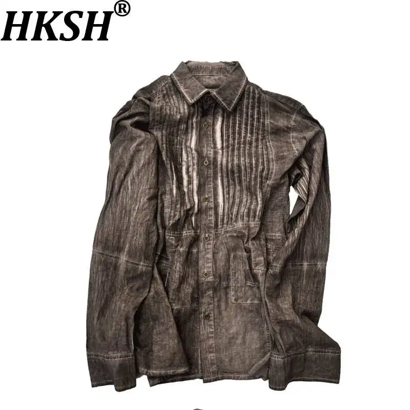 HKSH Spring Autumn New Men Tide Chic Ins Dark Distressed Vintage Patchwork Irregular Versatile Cotton Long-Sleeve Shirt HK25955
