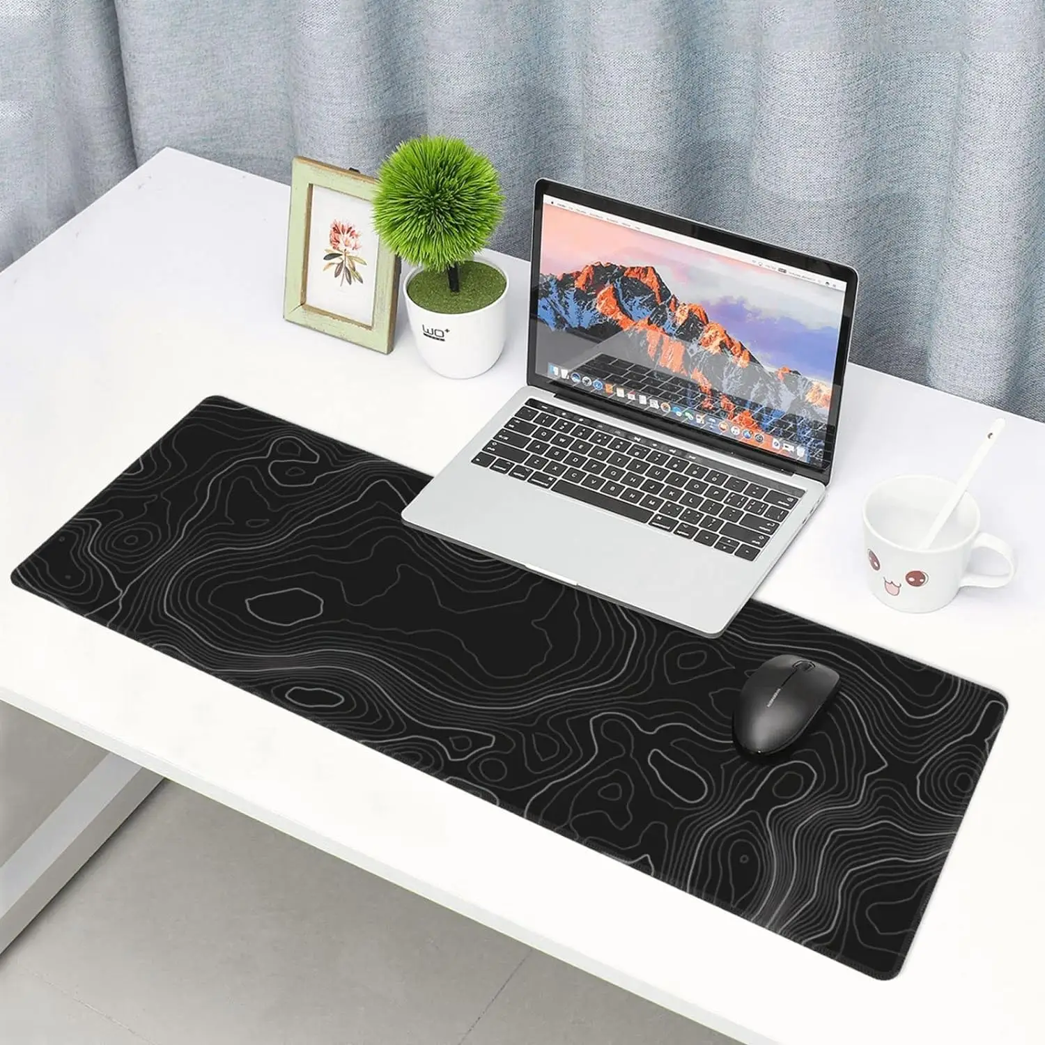 Black Gaming Mouse Pad Topographic Contour Desk Pad Computer Keyboard Mousepad Non-Slip Stitched Edge Home Office Work Mouse Mat