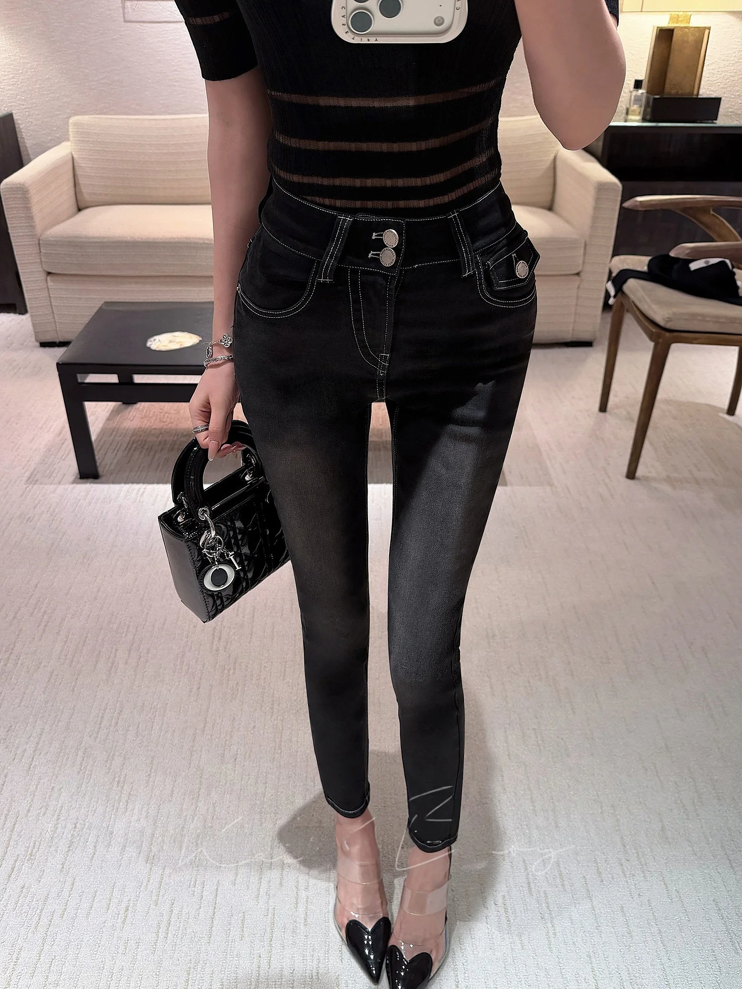 

Slim Fit Elastic Jeans High Waist Cotton Stretch Denim Spring Summer Autumn Version Double Button Bright Stitch Beautifng