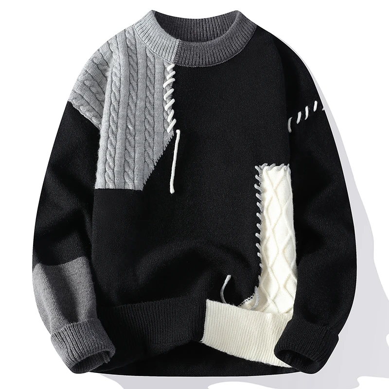 

Harajuku Autumn Winter New Sweater Streetwear Hip Hop Stitching Geometry Knitted Pullover Tops Long Sleeve Warm Sweaters Man