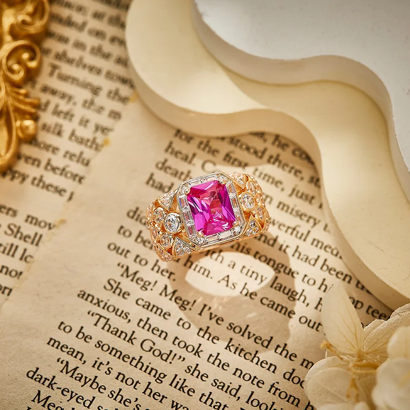 Designer Collection Style High-end Women Lady Hollow Out Inlay Cubic Zircon Artificial Pink Corundum Plated Gold Party Ring image 2