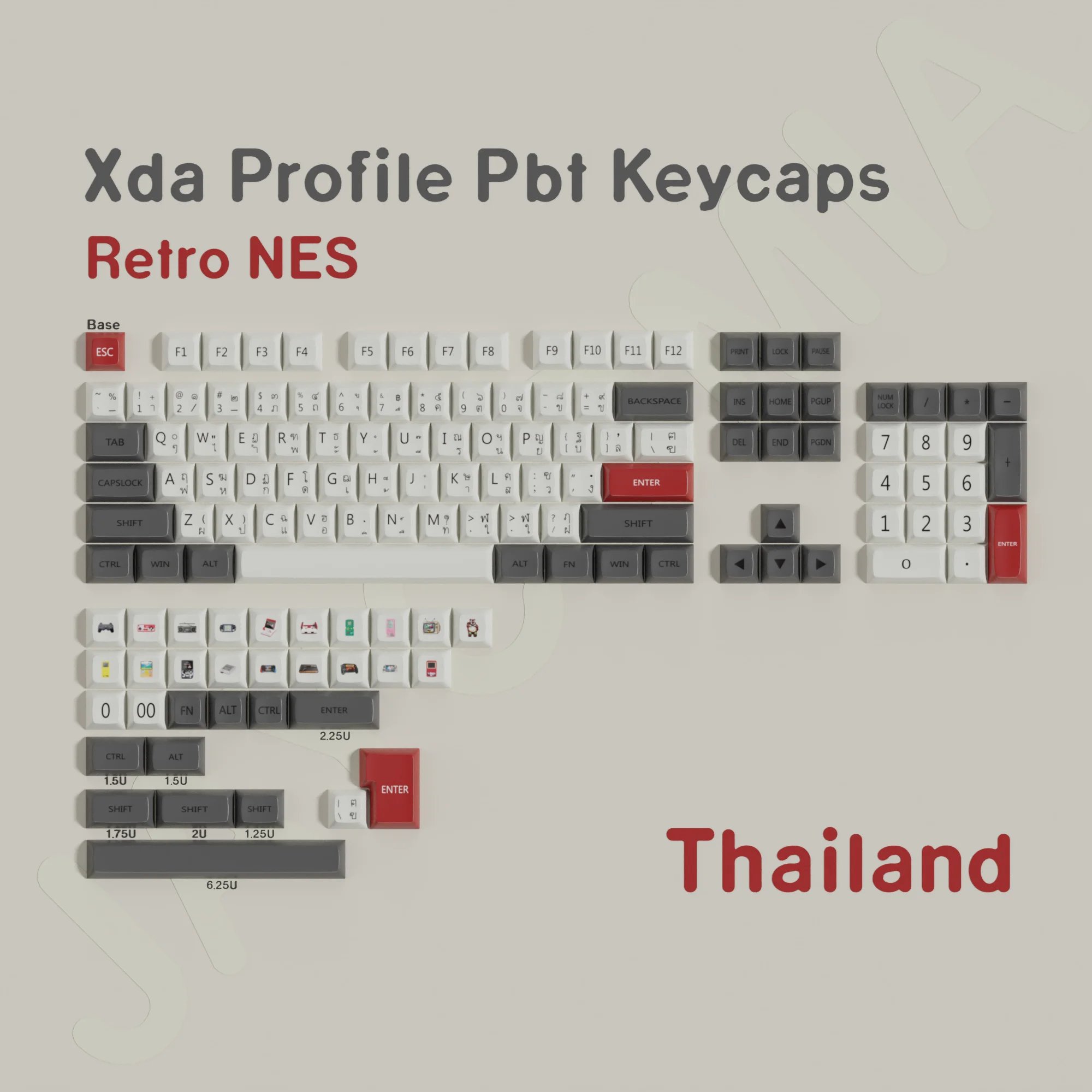 Pbt xdaキーキャップ,メカニカルゲーム用,de,es,fr,kr,en,ru,abs,dye sub,retro,fc,isoレイアウト,カスタム,gmk67